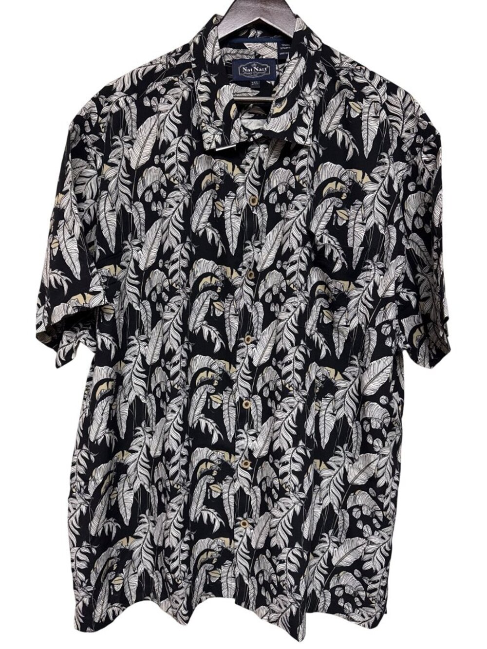 Nat Nast 2XL Black Tropical Leaf Print Silk Blend Button-Up Shirt Men's NWT